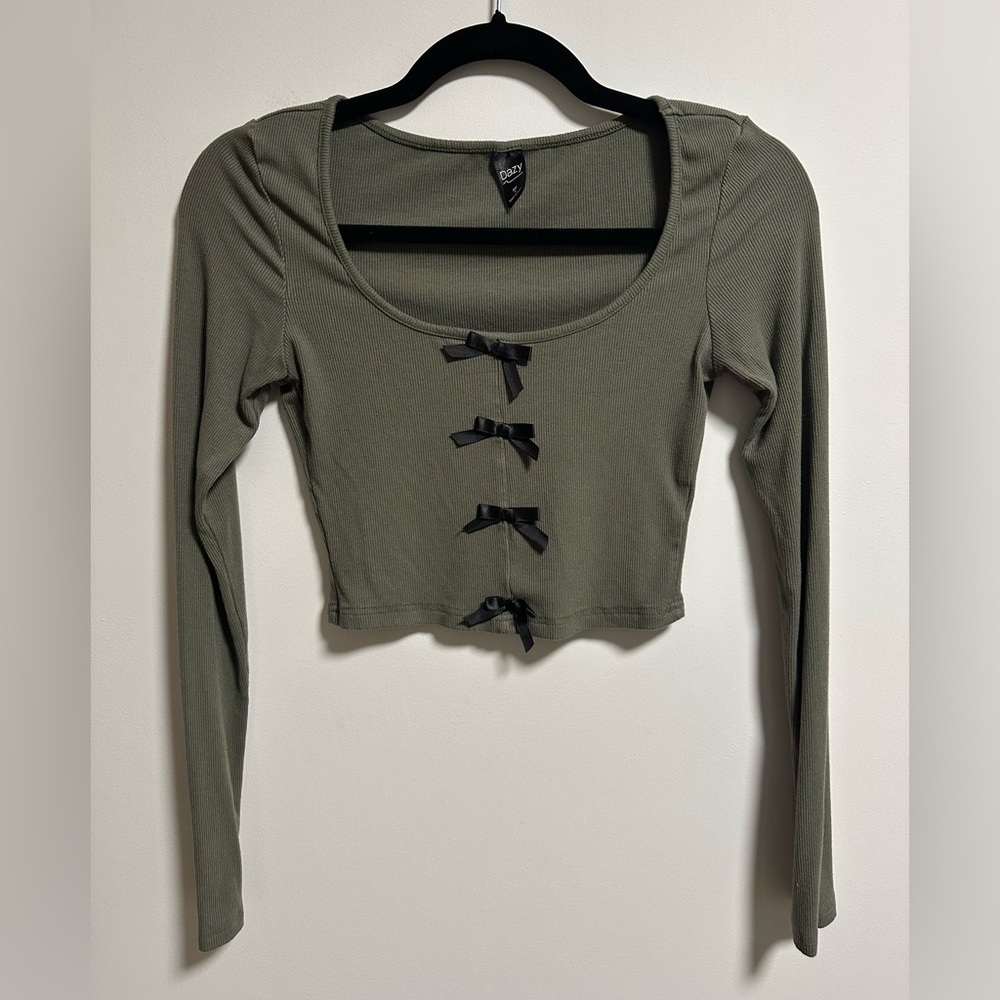 Olive Green Crop Top with Bow Accents